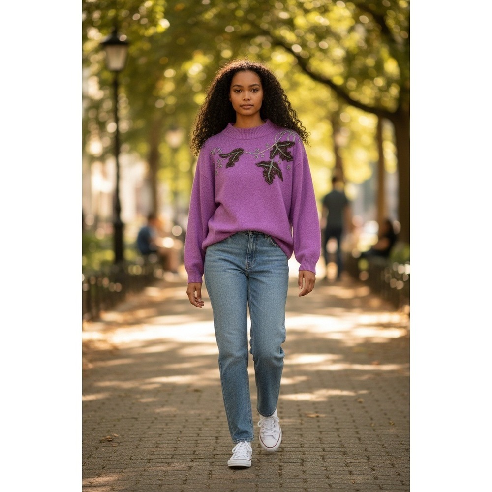 Women's Purple 2X Mock Neck Sweater Silk Angora Lambswool Beaded Embellished‎